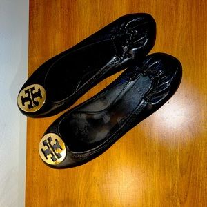 Tory Burch Black Flats with Gold Logo